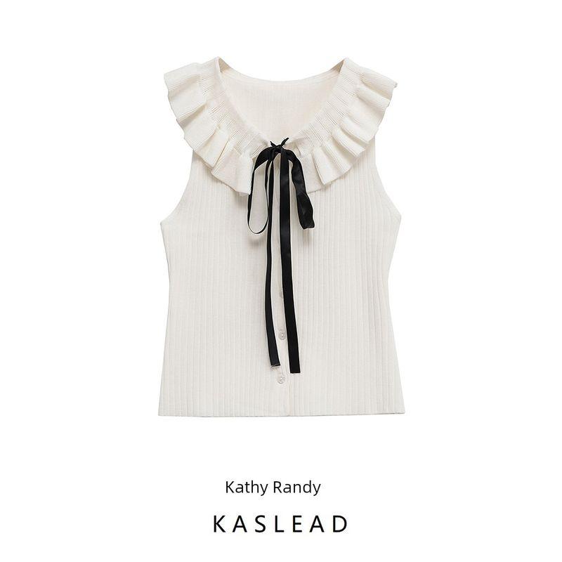 Kaslead New Women clothes Western Style Bowknot Decoration Warp Knitting Lead Lapel Top 4770171 251
