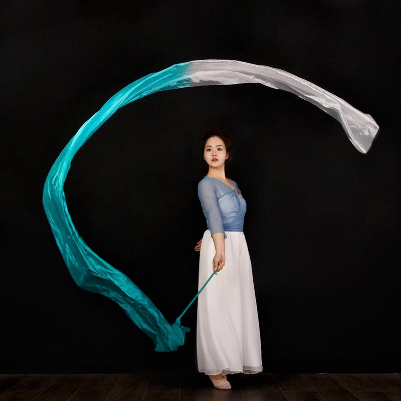 45*400cm Women Gradient Color Square Dance Belly Dance Practice Imitation Silk Streamer With Stick Chinese Style Flowy Ribbon