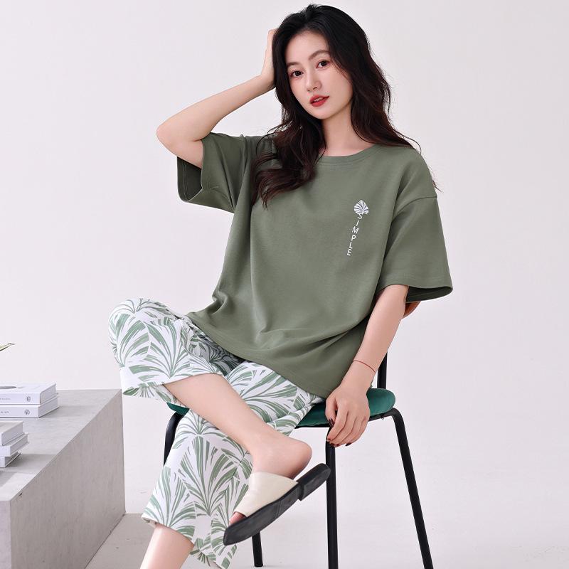 Pajamas with Chest Pads Women's Pure Cotton Short-sleeved Cropped Pants Summer Thin Cotton Summer Large Size Black Loungewear Set