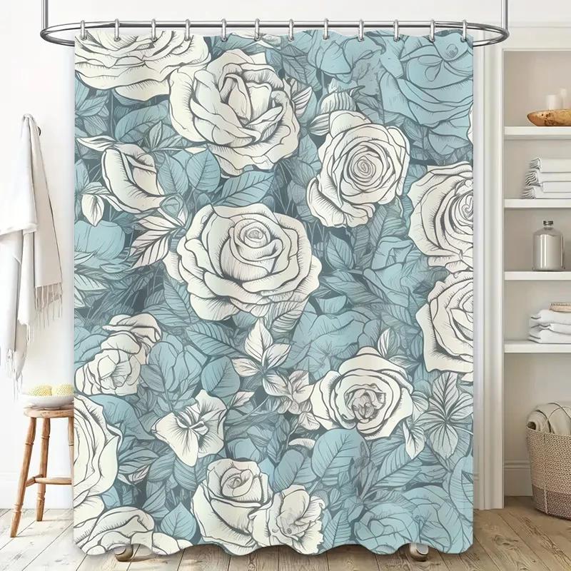 Floral Print Shower Curtain Waterproof Bathroom Decor Fabric Home Decoration Modern White Roses Blue Floral Printed Shower curta