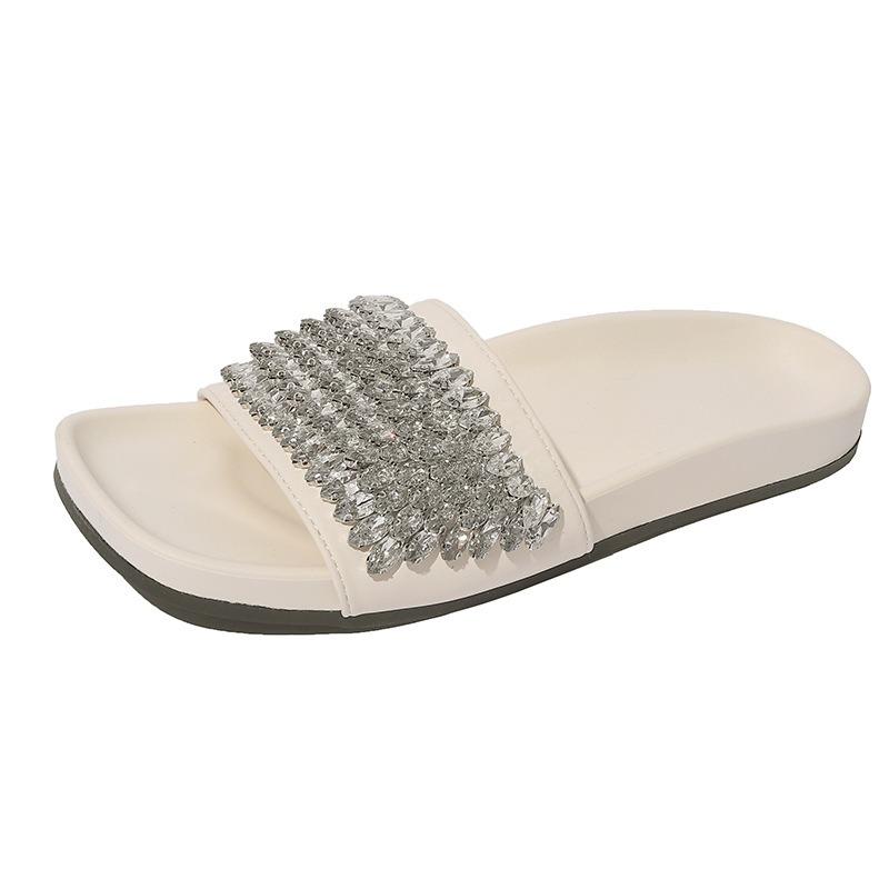 New summer rhinestone fashion outer wear casual open-toe one-word buckle sandals flat-soled cool slippers women
