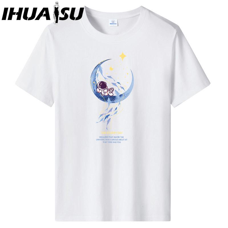 IHUASU Kortermet t-skjorte i bomull for menn mote løs halvermet skjorte med trykt medfølende skjorte