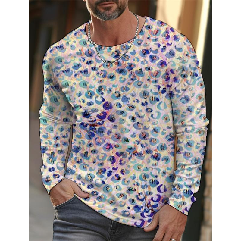 Frühlings- und Herbst Herren Freizeit Langarm T-Shirt 3D Gedruckter Blätterdruck Mode Street Herren Rundhals Pullover T-Shirt Kleidung