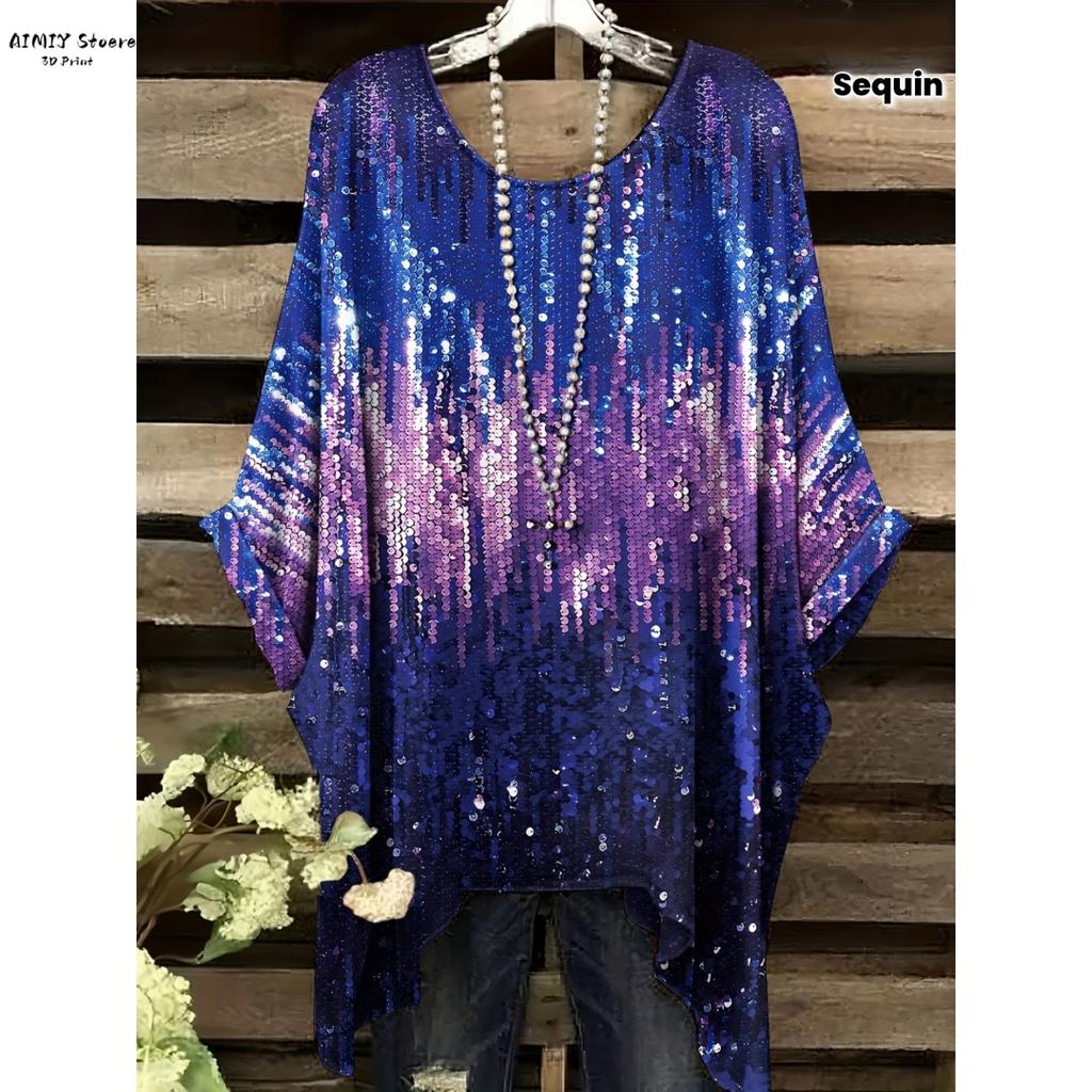 Dam Elegant Bohemisk T-shirt med Stjärnklar Natt-tryck Vit Överallt Prickar med Asymmetrisk Fåll, Rund Hals Casual Mode Damer