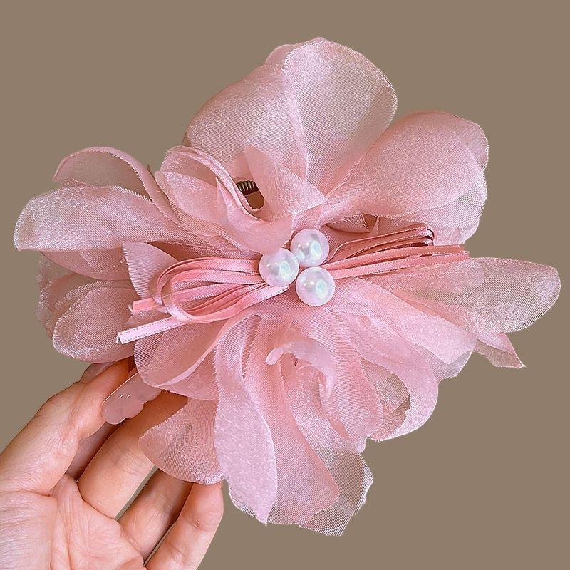 Chiffon Fabric Flower Hair Clip with Pearl Accents Large Decorative Hairpin for Women and Girls Elegant Floral Design Hair Accessory