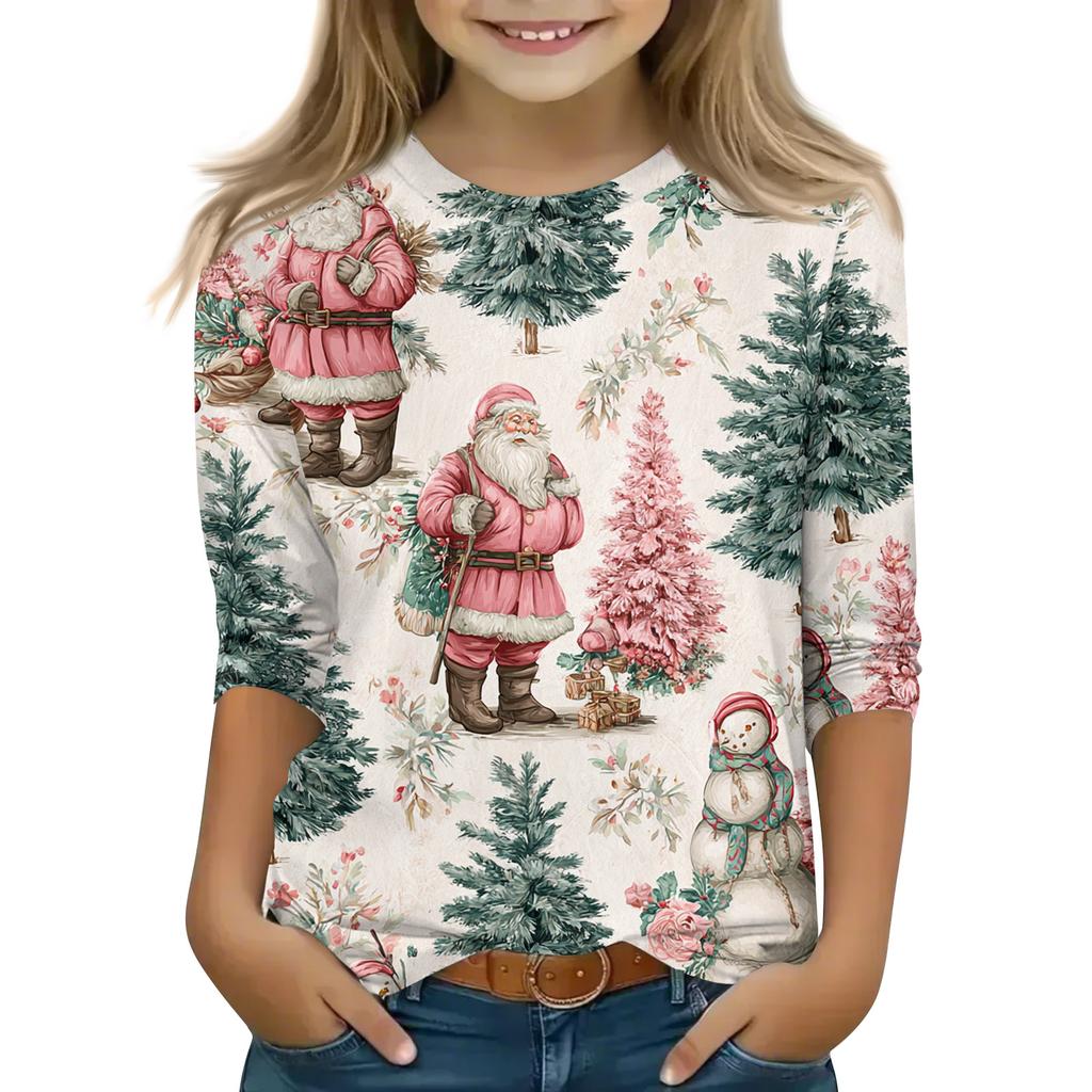 Vánoční potisk Topů pro dospívající dívky 4-11 let Kulatý výstřih 3/4 rukávy Módní topy Outfit Trička
