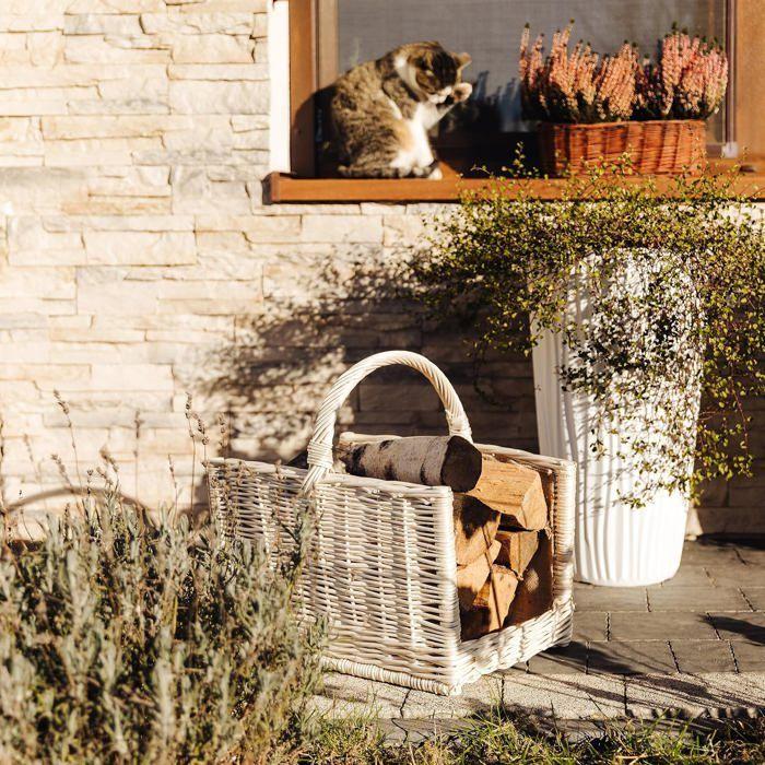 Panier à bûches - CREATIVE HOME - Cheminée - Osier 100% naturel - Avec poignée - Blanc 45x30x47 cm