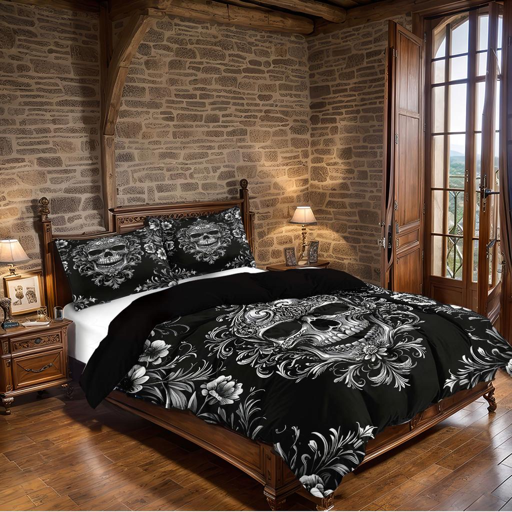 3PCS Black and White Skeleton Victorian Baroque Gothic Retro Duvet Set (1 Duvet Set+2 Pillowcases without Pillow Core)