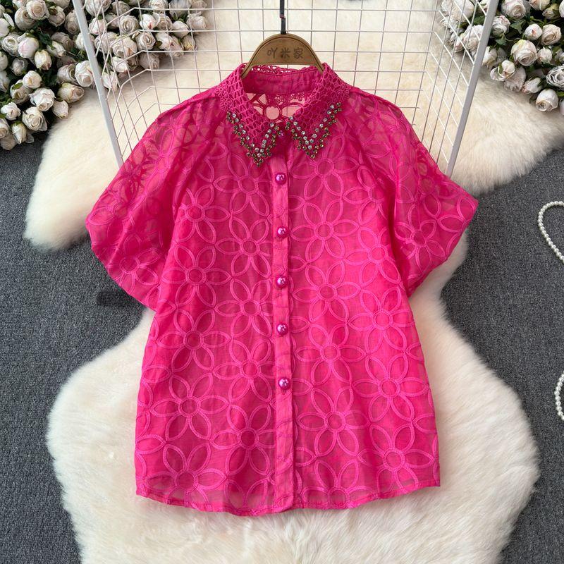 

New Arrival Spring and Autumn Fashion Exquisite Rhinestone Elegant All-Matching Casual Shirt Women Fancy Slim Looking Puff Sleeve Shirt Women Rose Red One size