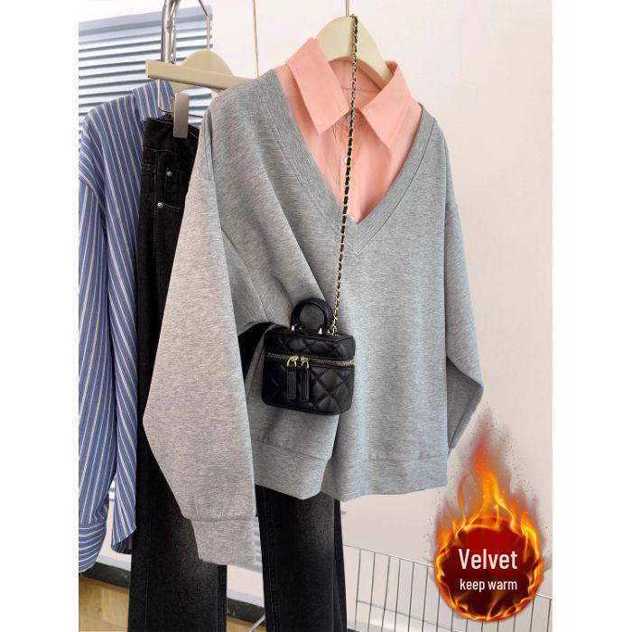 2025 Early Autumn Korean Style Grey Two-Piece Hoodie Jacket for Women, Loose Fit with Polo Collar