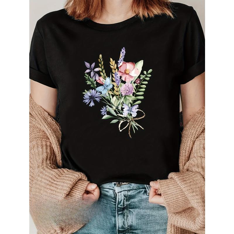 

European Size Women S Short Sleeve T-Shirt with Vibrant Floral Print - Casual Round Neck, Lightweight & Breathable for Spring/Summer, 4XL чорний