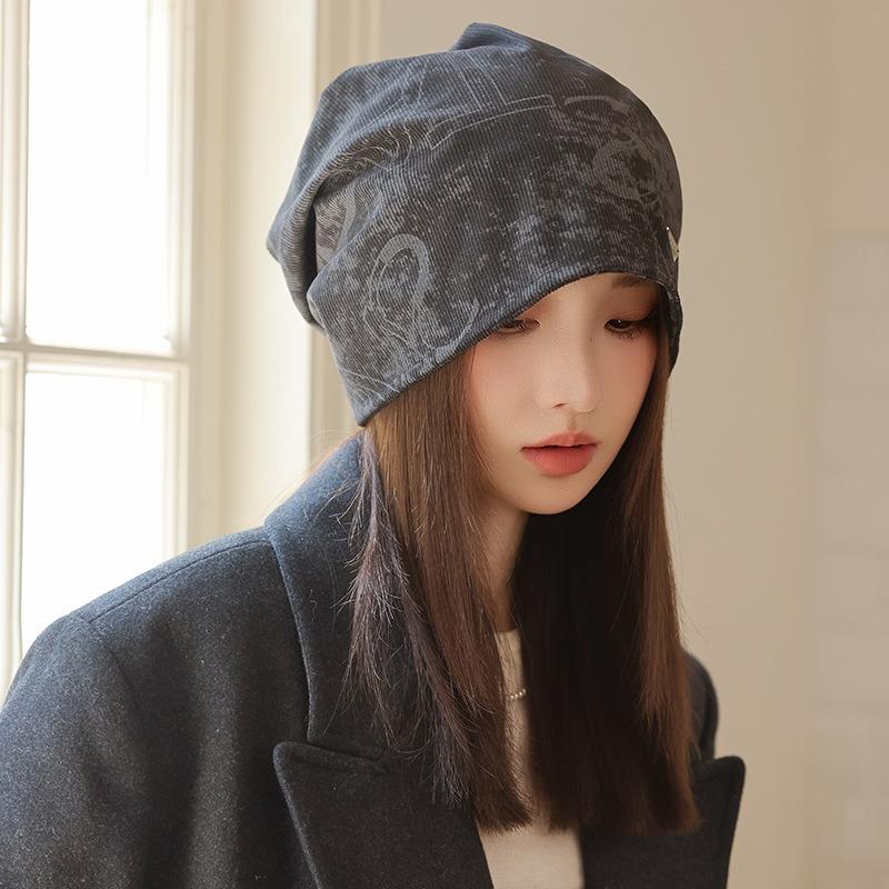 Spring and Autumn New Printed Stacking Hat Windproof Face Small Baotou Hat Warm Cold Hat Casual Versatile Hat Women
