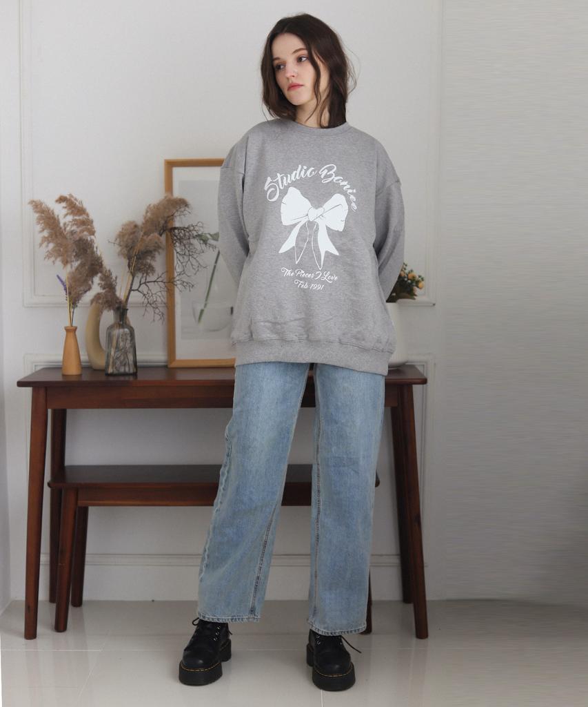 BONIEE [Fleece Lined] Ribbon Graphic Oversized Sweatshirt Gray