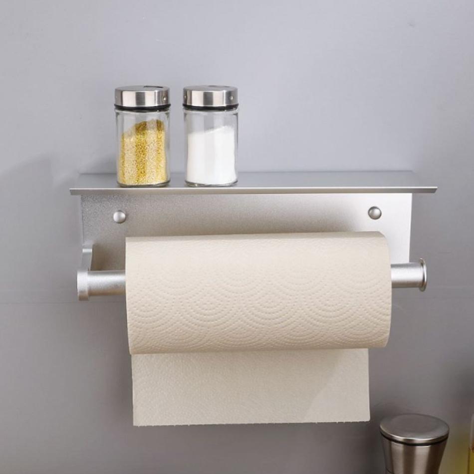 Toilet Paper Holder with Shelf Adhesive Wall Mounted Bathroom Kithcen Double Paper Towel Roll Rack Storage Holder Tissue Hanger