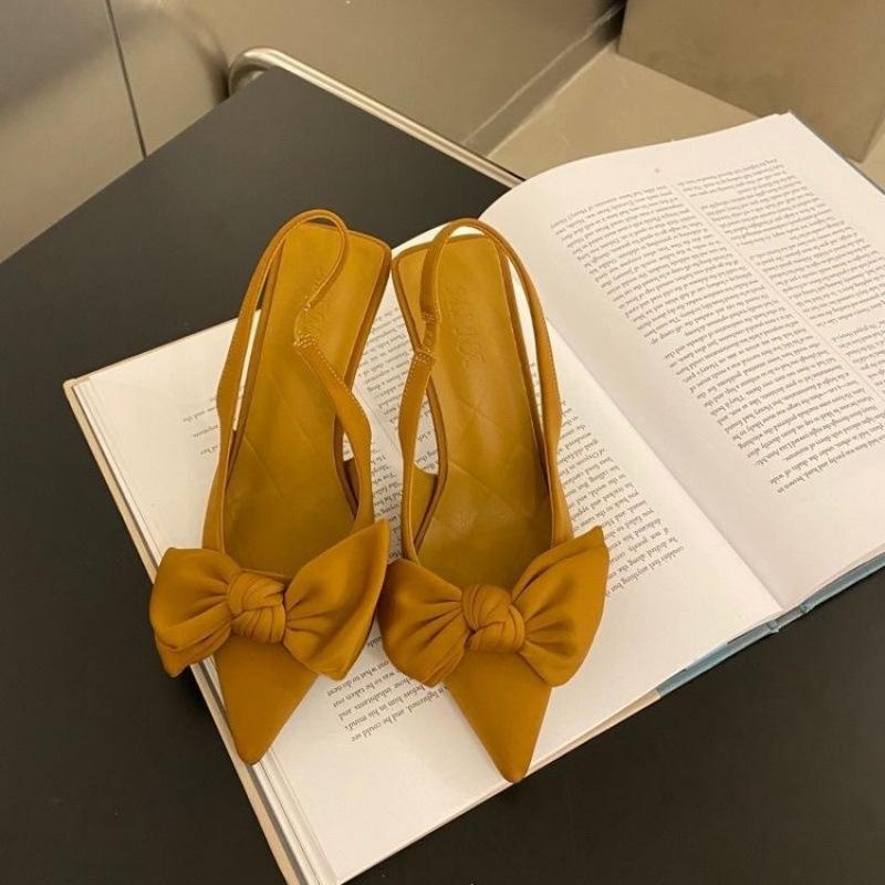 Fashion Hot Selling 2025 New High Heels Women's Shoes Summer Black Shallow Mouth Pointed Toe Bow Slingbacks Luxury Office Lady Sandal