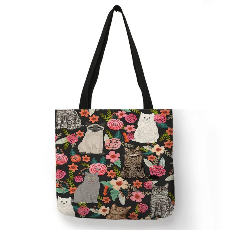 Cute Cartoon Floral Cat Print Women Shopping Bag Linen Fabric Shoulder Bag Eco Storage Handbag Reusable Foldable Grocery Totes