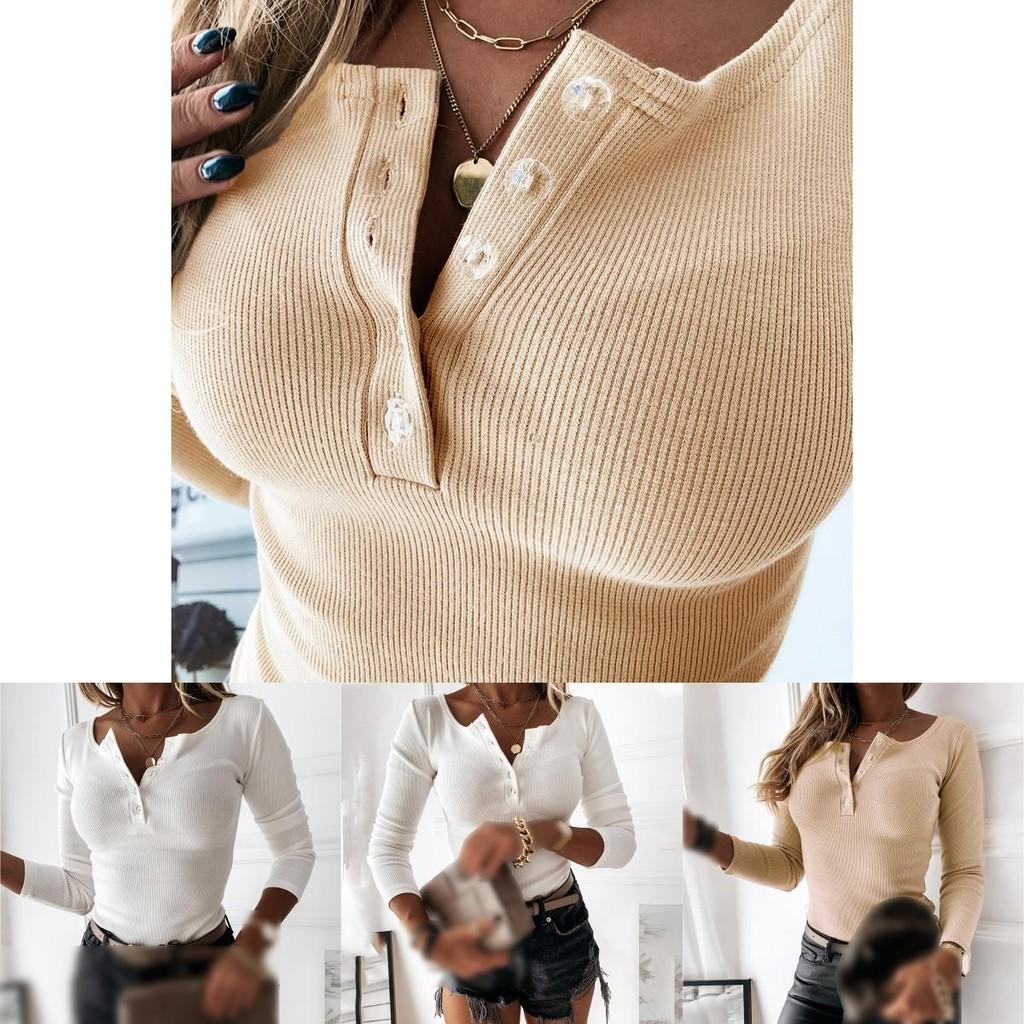 Fashionable Ladies Long Sleeve V Neck Button T Shirt Tee In Solid Colors For Casual Outfits