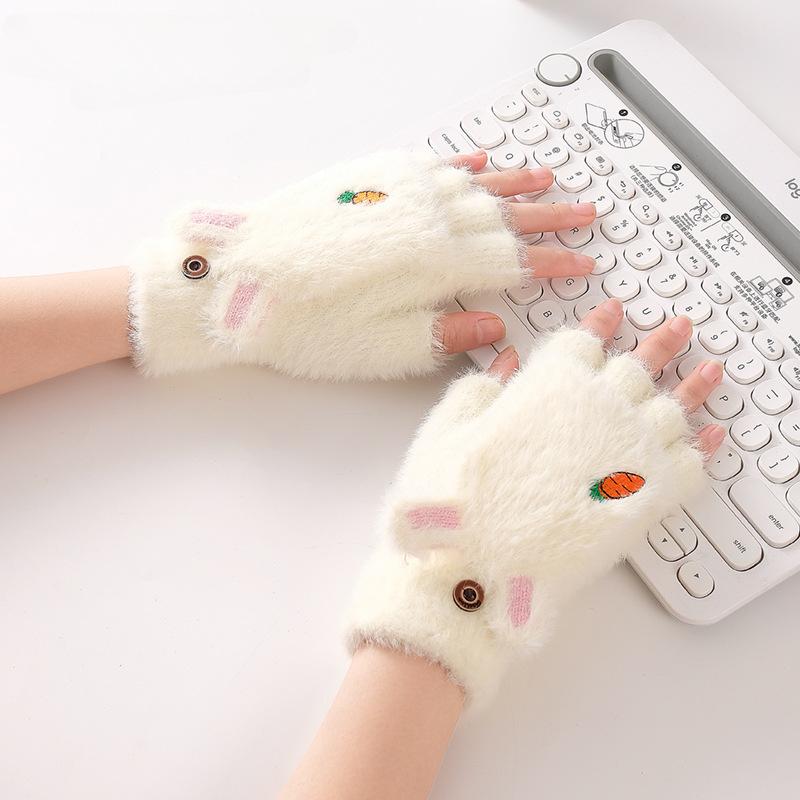 Cartoon Carrot Flip Gloves Women's Winter Fleece Warm Rabbit Ear Plush Half-finger Gloves