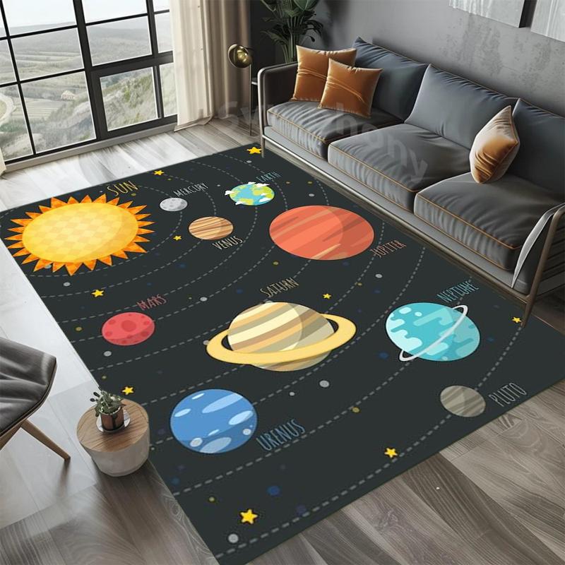 Solar System Rug Planet Galaxy Design for Living Room & Kids Bedroom | Non-Slip Space Floor Mat Home Decoration