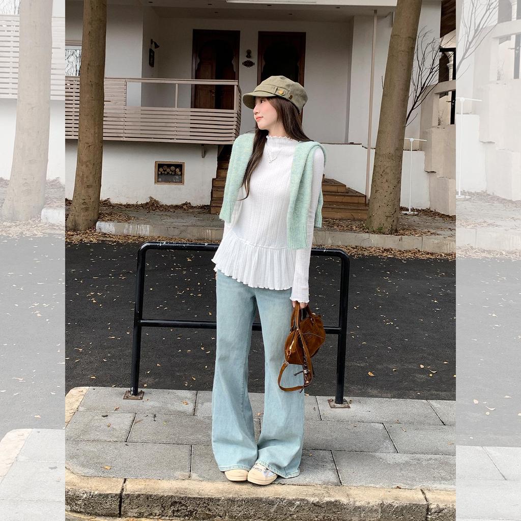 Women's Slim Fit Pleated Long-Sleeve T-Shirt with Ruffled Hem