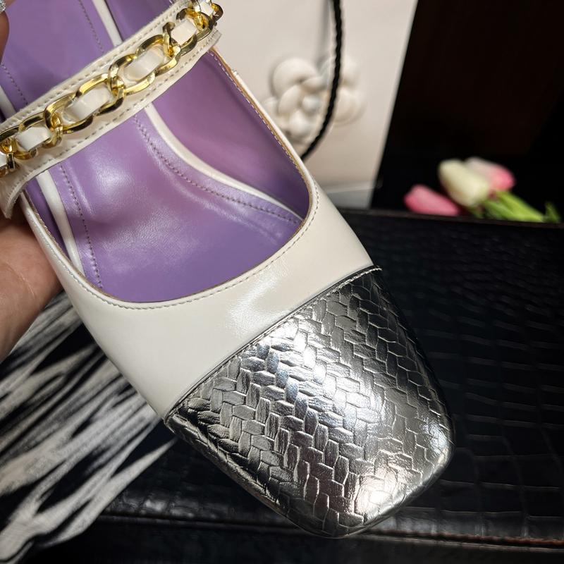 Fashion Women's new cowhide color blocked metal accessory pearl belt buckle square toe mid heel plus size Mary Jane single shoe
