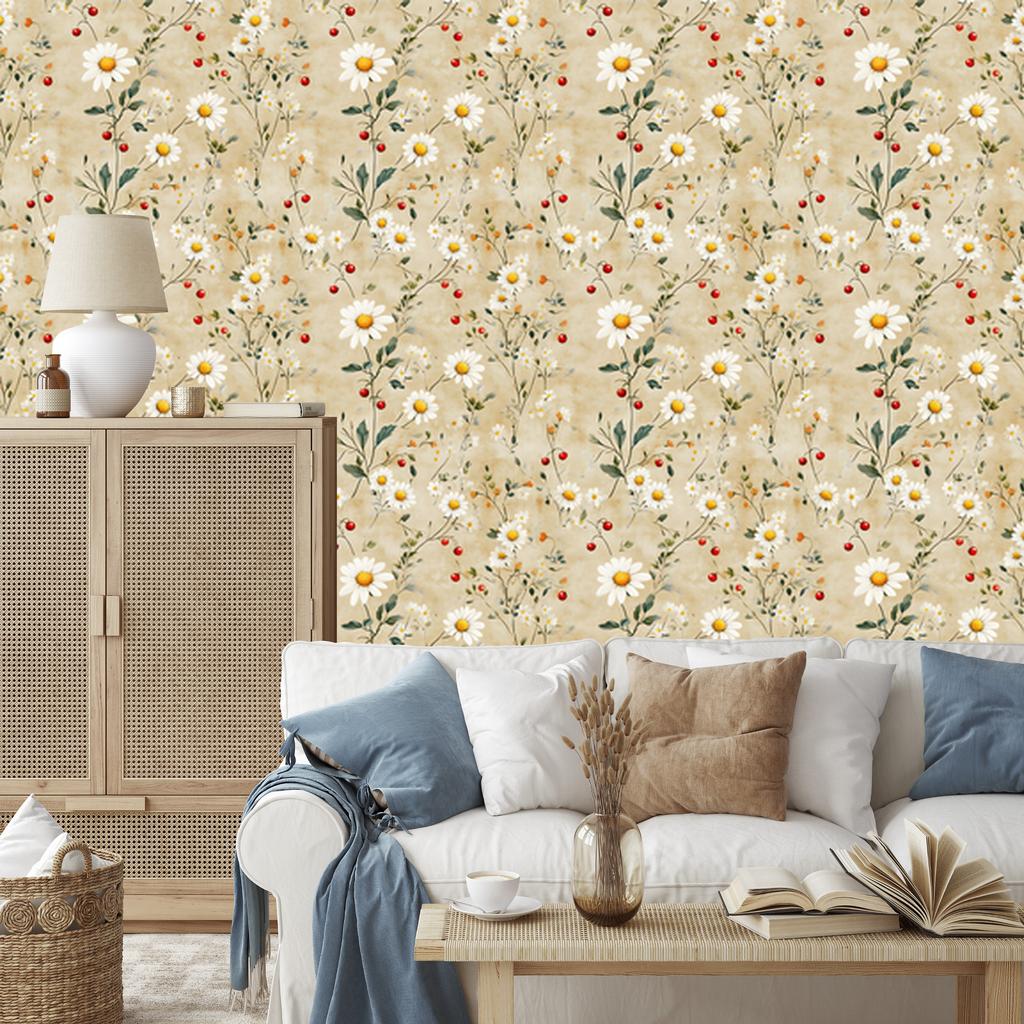 Daisies Beige and Cream Wallpaper for Living Room and Bedroom 50x1000