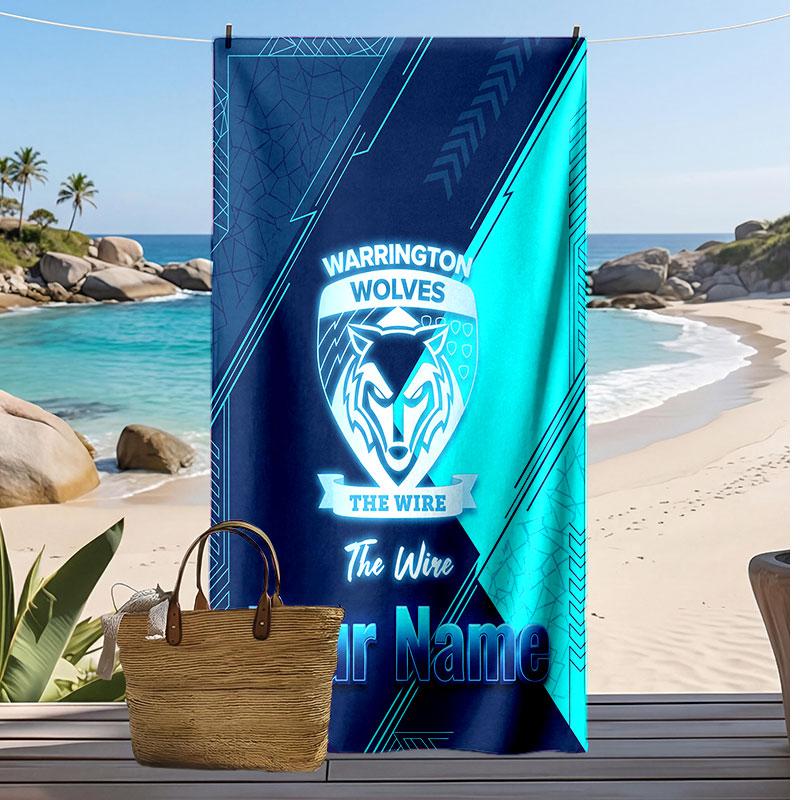 Warrington Wolves FC Personalized Printed Beach Towel Soccer Logo Support Custom Name Text Absorbent Towel For Sport Travel Special Gift