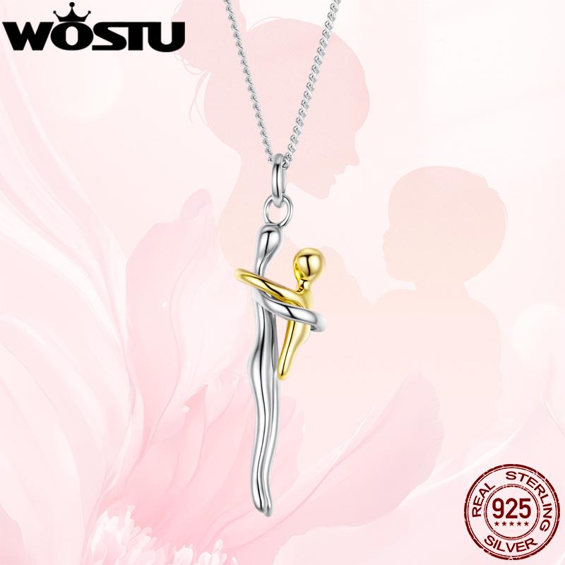 WOSTU Collana con Ciondolo Abbraccio Reale in Argento 925 Argento Oro Bicolore Ciondolo Mamma e Bambino Regalo di Famiglia Gioielli per Mamma