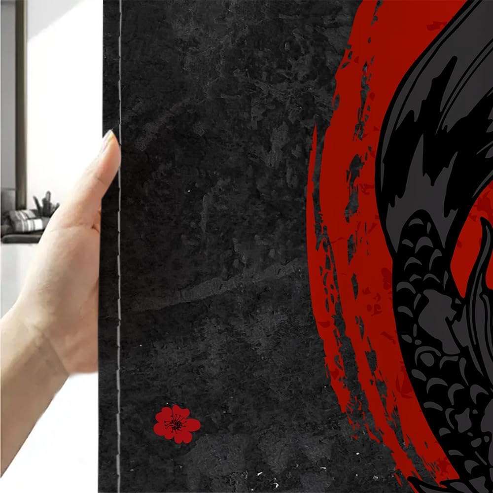 Black And Red Yin Yang Shower Curtain, Japanese Anime Koi Fish Asian Art Decor, Cool Artistic Waterproof Washable