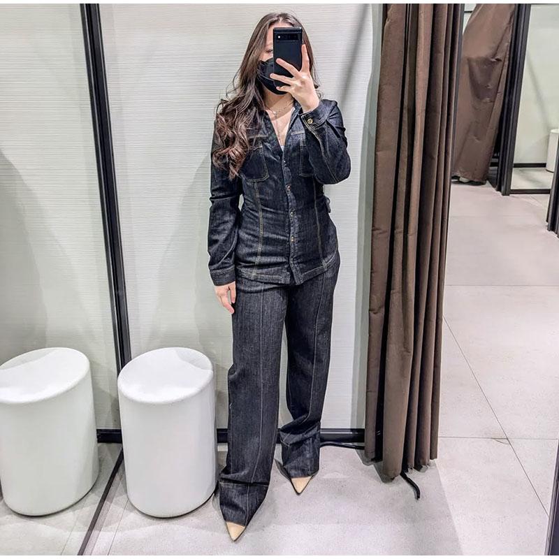 Elegant Denim Solid Color Top Pants Set Women Lapel Single Breasted Pockets Jacket Straight Loose Jeans 2025 Spring Street Fashion Set