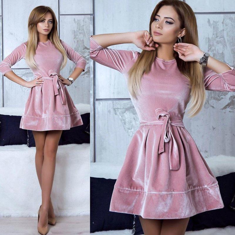 Elegant Women Dress Fashion Velvet Swing Plush Party Evening Prom Skater Midi Dress
