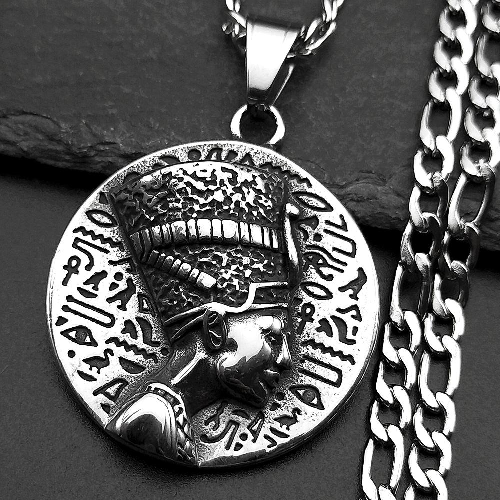 Nefertiti Ancient Egyptian Pharaoh Nefertiti Mural Ankh Cross Pendant Necklace Cultural Symbol Protective Titanium Steel Jewelry