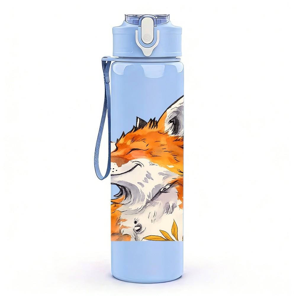 1PC Cute Fox Head Portrait Print 750ml Color Plastic Sports Water Bottle Leakproof Flip Straw Lid Suitable for Sports Office Home Use