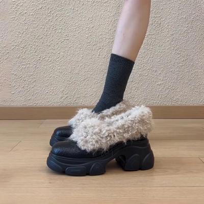 Leather Version~ Autumn and Winter New Design Lychee Pattern Round Head Lamb Wool Single Shoes Ultra-light Sports Thick-soled Wool Shoes