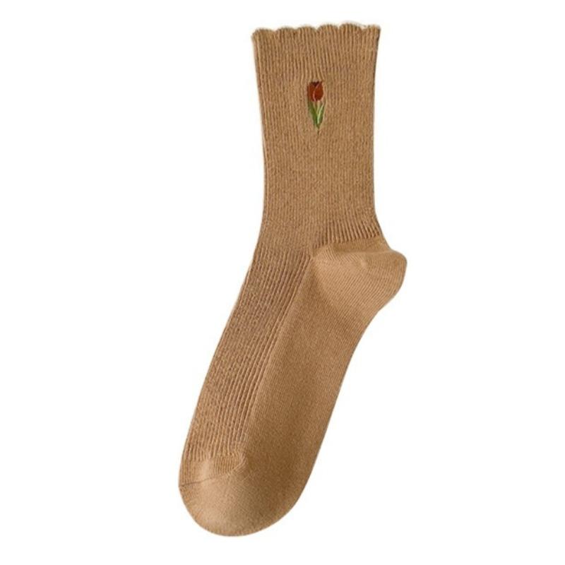 3 Pairs of Women's Socks Set Spring and Summer Thin Breathable Ruffle Edge Socks All Cotton Cute Women's White Printed Socks