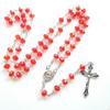 62KD Catholic Crystal Beads Rosary Necklaces Rose Flower Crucifix Pendant Religious Jewelry for Women Meditation Prayer