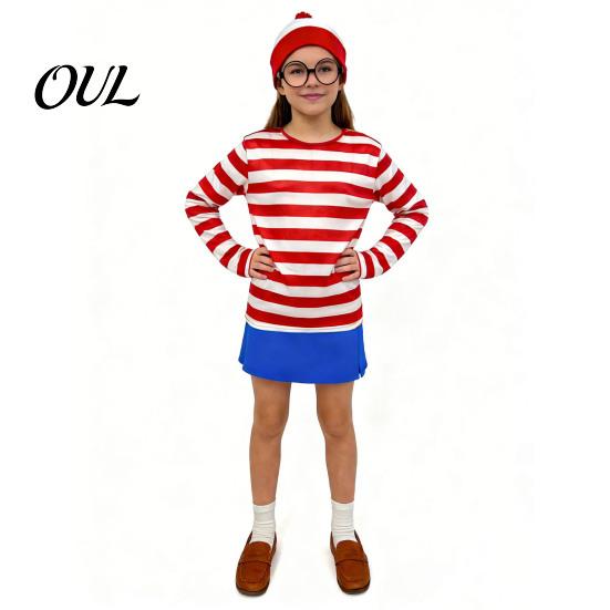 Costume Gioco di Ruolo per Bambini Adulti Halloween Camicia a Righe Rosse Bianche per Adulti Bambini, Occhiali da Secchione Outfit per Festival Cappello Incluso, Uomini Donne Bambini