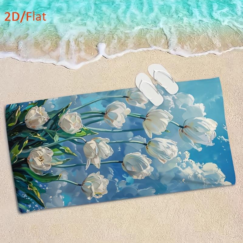 White Tulip Floral Beach Towel Blue Sky Art Print Microfiber Towel for Summer Beach, Pool & Travel Use