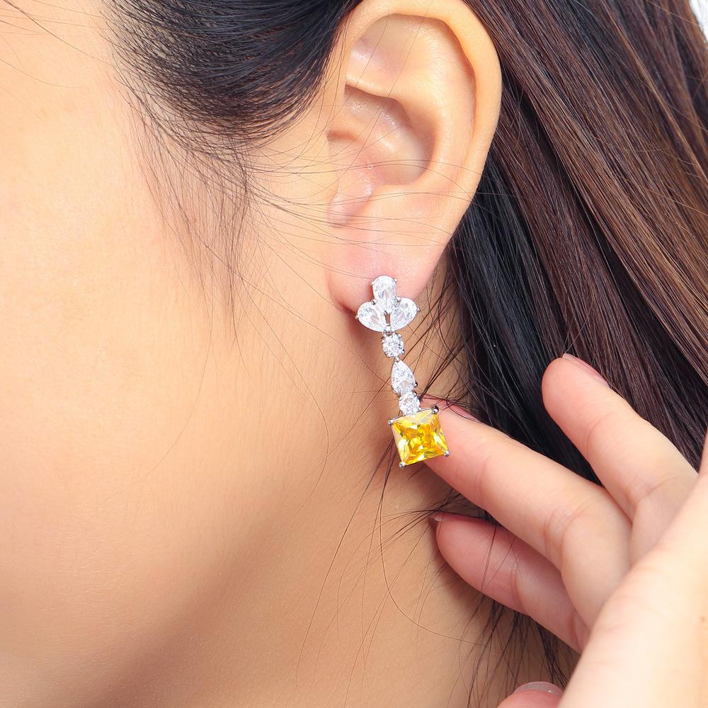 Light Luxury Temperament Design Sense Yellow Diamond Square Earrings Super Fairy Earrings Ear Jewelry