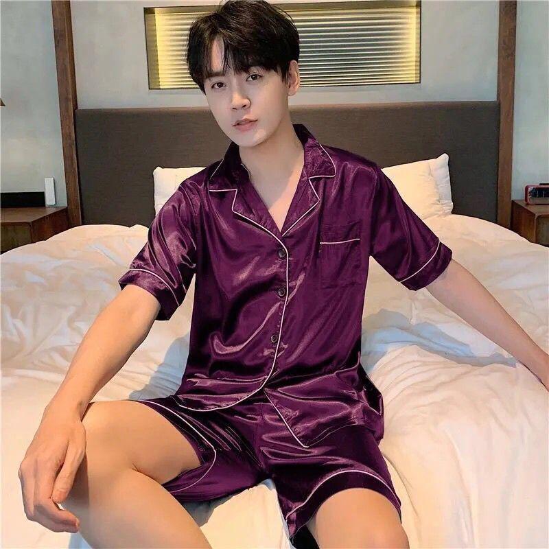 2025 Spring Men's Solid Color Ice Silk Cardigan Pajama Set - Short Sleeve & Shorts