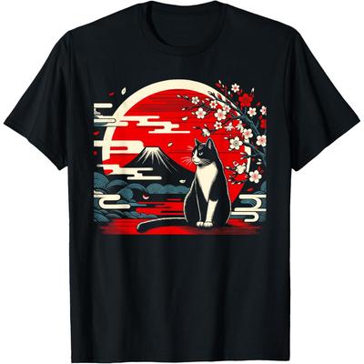 Japanese Ukiyo Style Tuxedo Cat Graphic Tee Mount Fuji Cherry Blossom Print Casual T-Shirt