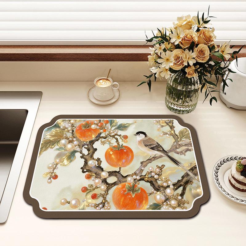 Chinese-Style Irregular Flower & Bird Diatom Mud Coffee Mat: Stain-Resistant, Easy-Clean, Non-Slip Kitchen Draining Mat