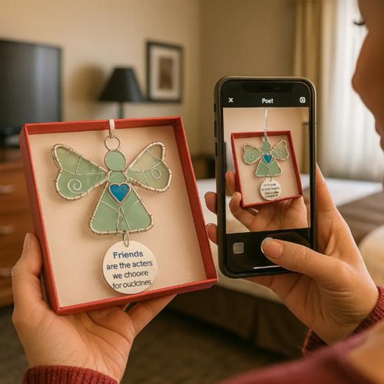 Yousheng Weihnachtsanhänger Engel Ornament mit Glasmosaikherz Gravierter Freundschaftsvers Hängende Dekoration