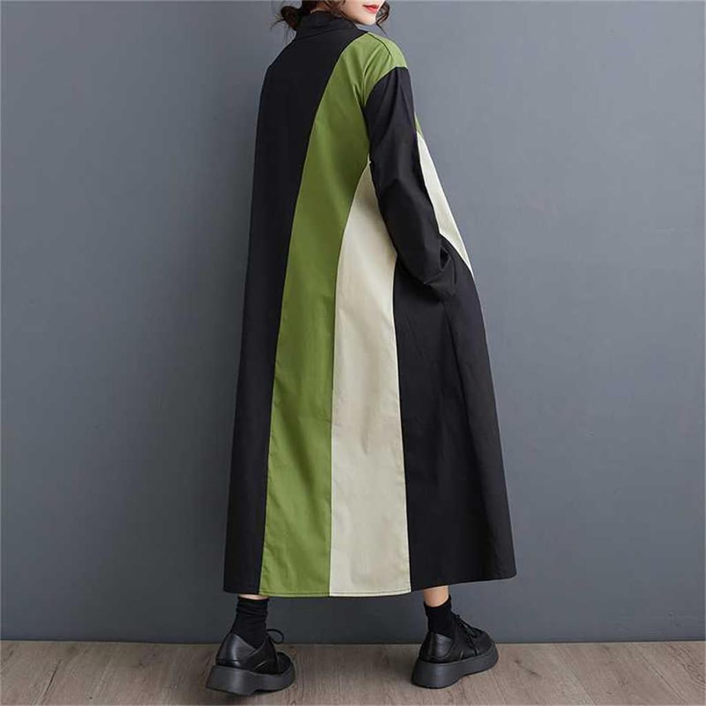 Long Long Flattering with Perfect for and Winter One Size Fits [Mouhoukyo] Women's Dress, Midi-Length, Patchwork, Sleeves, Tunic, Collared, Pockets,