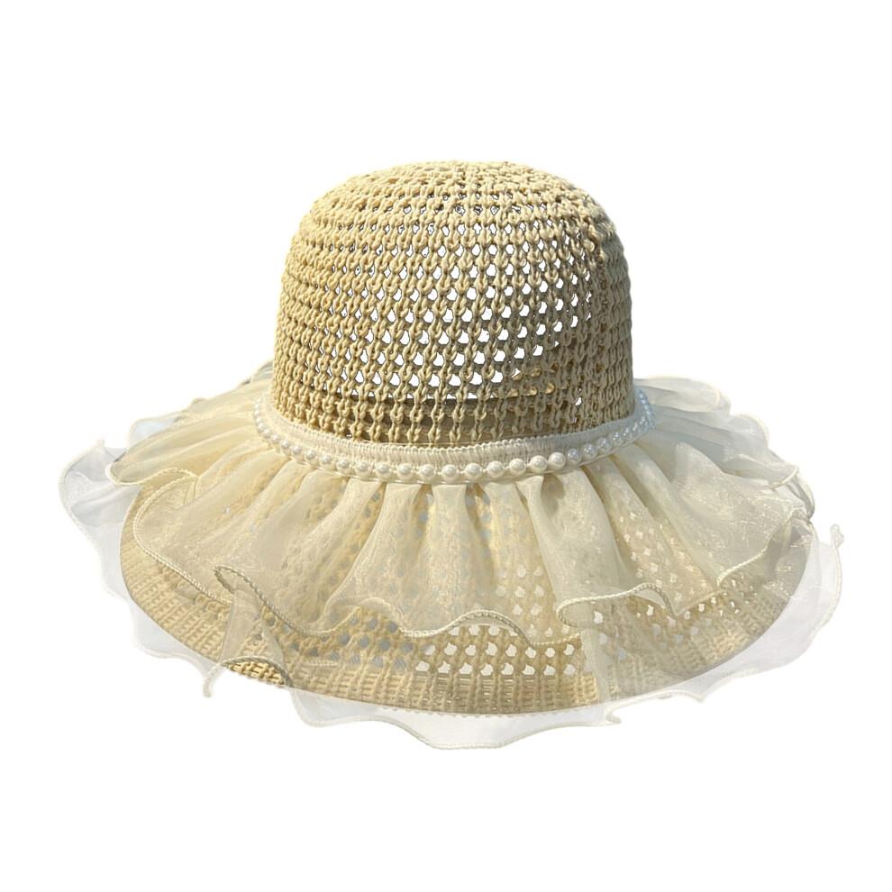 (One Size, Beige) Women's Woven Sun Hats Outdoor Fashionable Mesh Pearl Wide Brim Sun Protection Beach Hat