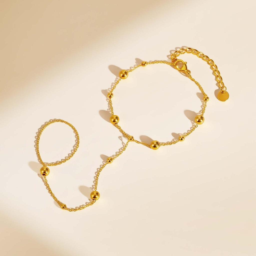 Stainless Steel Beaded Finger Chain Bracelet,Gold Color Flat Rolo Chain Bracelets for Women,Minimalist Jewelry Gift