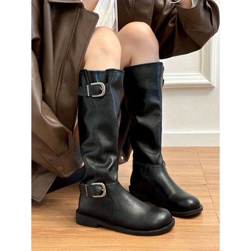 Cowhide version~ Leather thick-soled belt buckle medium boots stacking boots knight boots women's round head boots