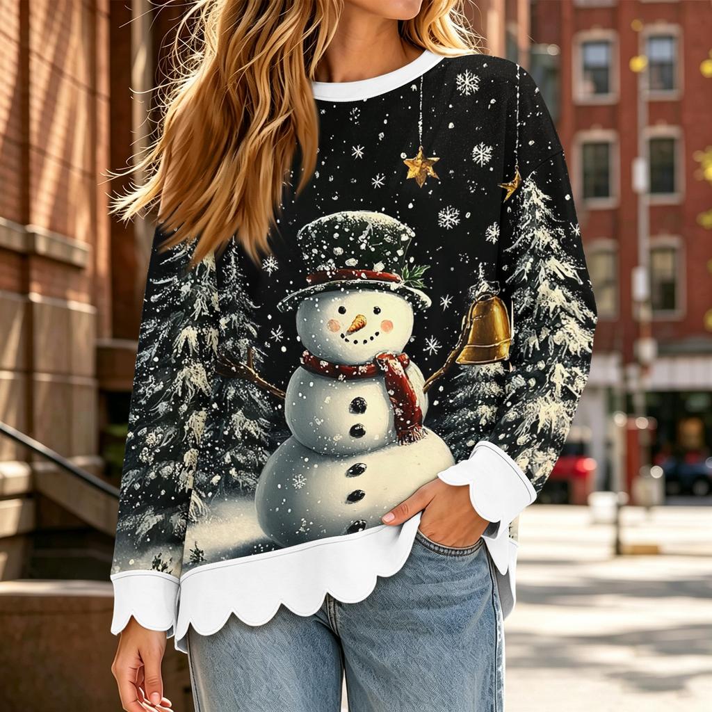 Women's Loose Fit Crewneck Sweatshirt with Scalloped Wavy Hem and Christmas Print, Long Sleeve Pullover Top