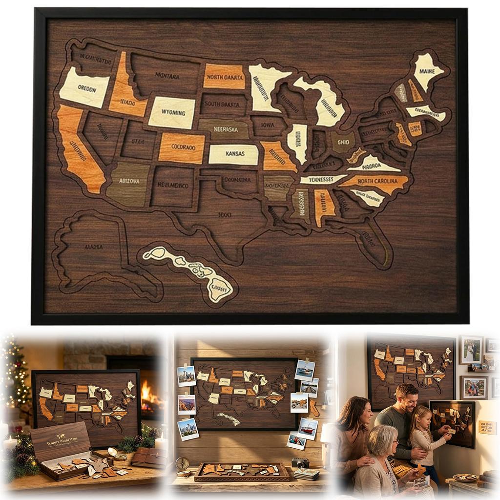 50Pcs Wooden USA Geography Puzzles with Elements Sticker Travel Learning Jigsaw for Traveling Home Classroom Wall Art Home Decor