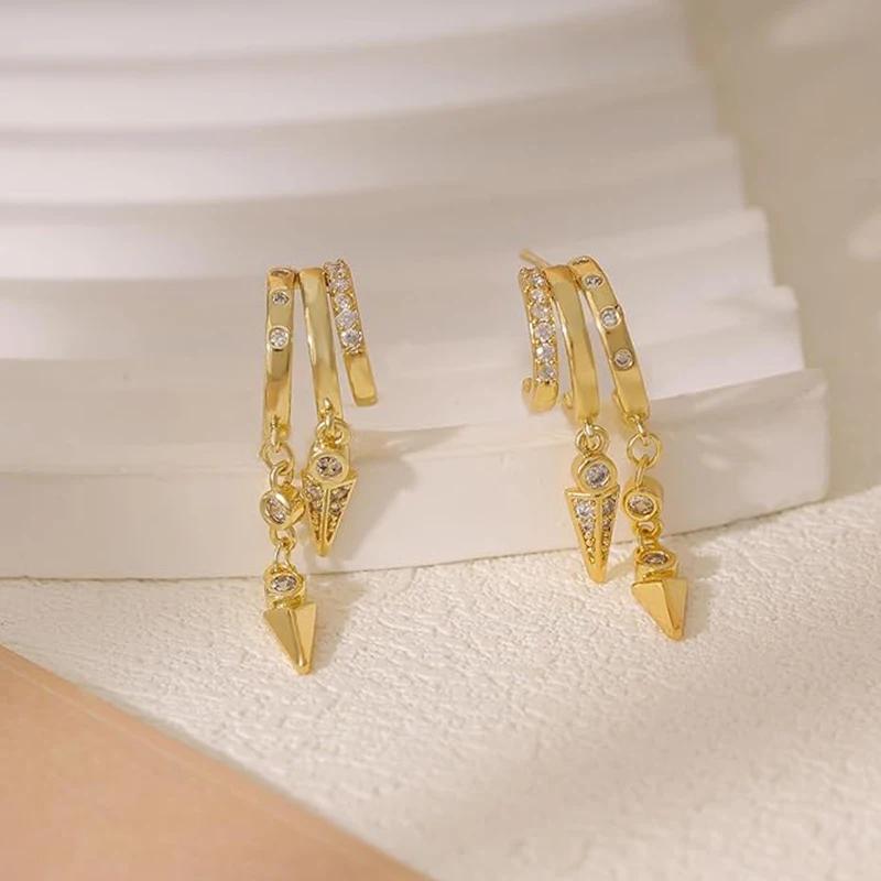 14k Gold Plated Triple Huggie Stud Earrings Cute Statement Chain Earring Dainty Drop Earrings for Women Trendy Jewelry